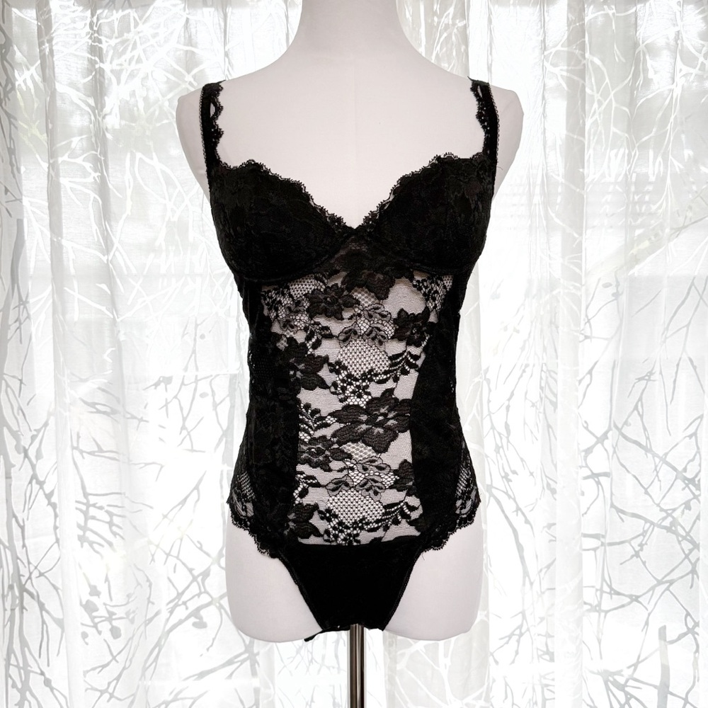 LA PERLA BLACK SHEER FLORAL LACE SOLID PANELS UNDERWIRE BRA BODYSUIT